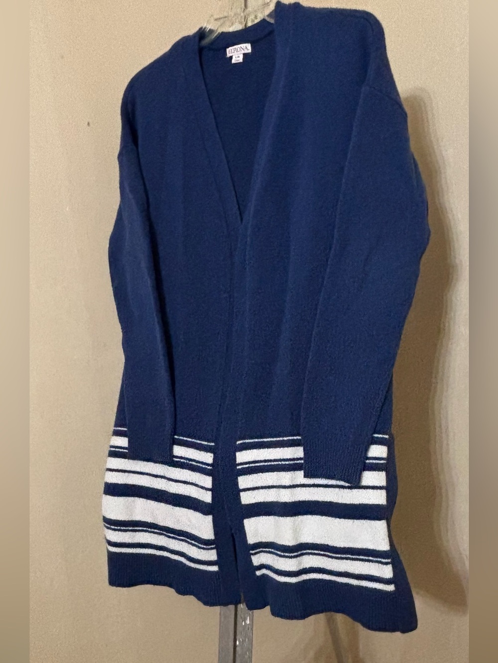 Merona Royal Blue Open-Front Cardigan with White Striped Hem Sz L - Picture 2 of 7